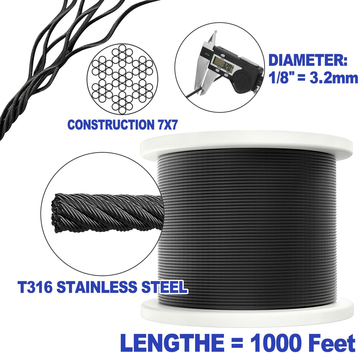 1000FT 1/8" Black T316 Stainless Steel Cable U905