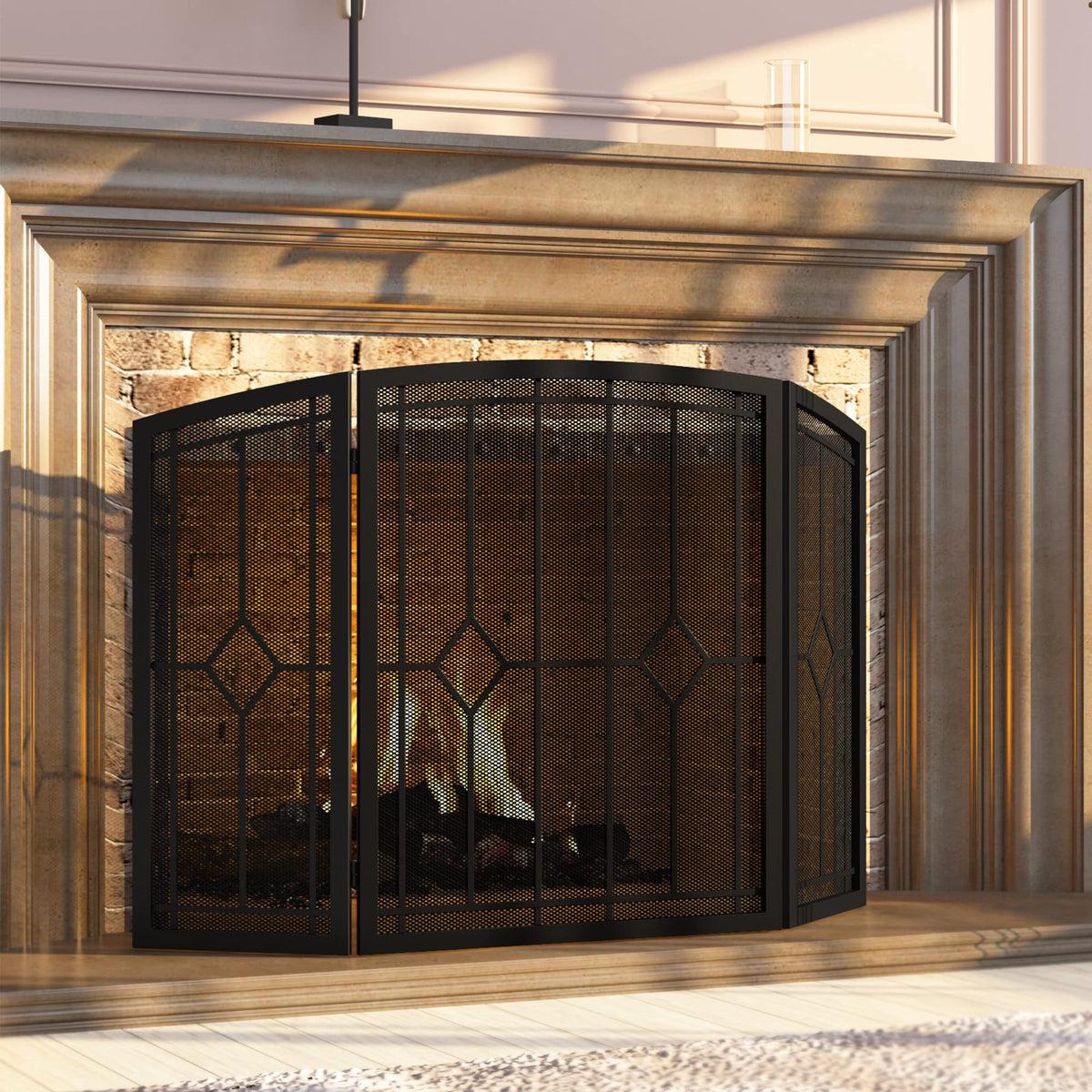 Wrought Iron Fireplace Screen 48"x30" Black Spark Guard T77194