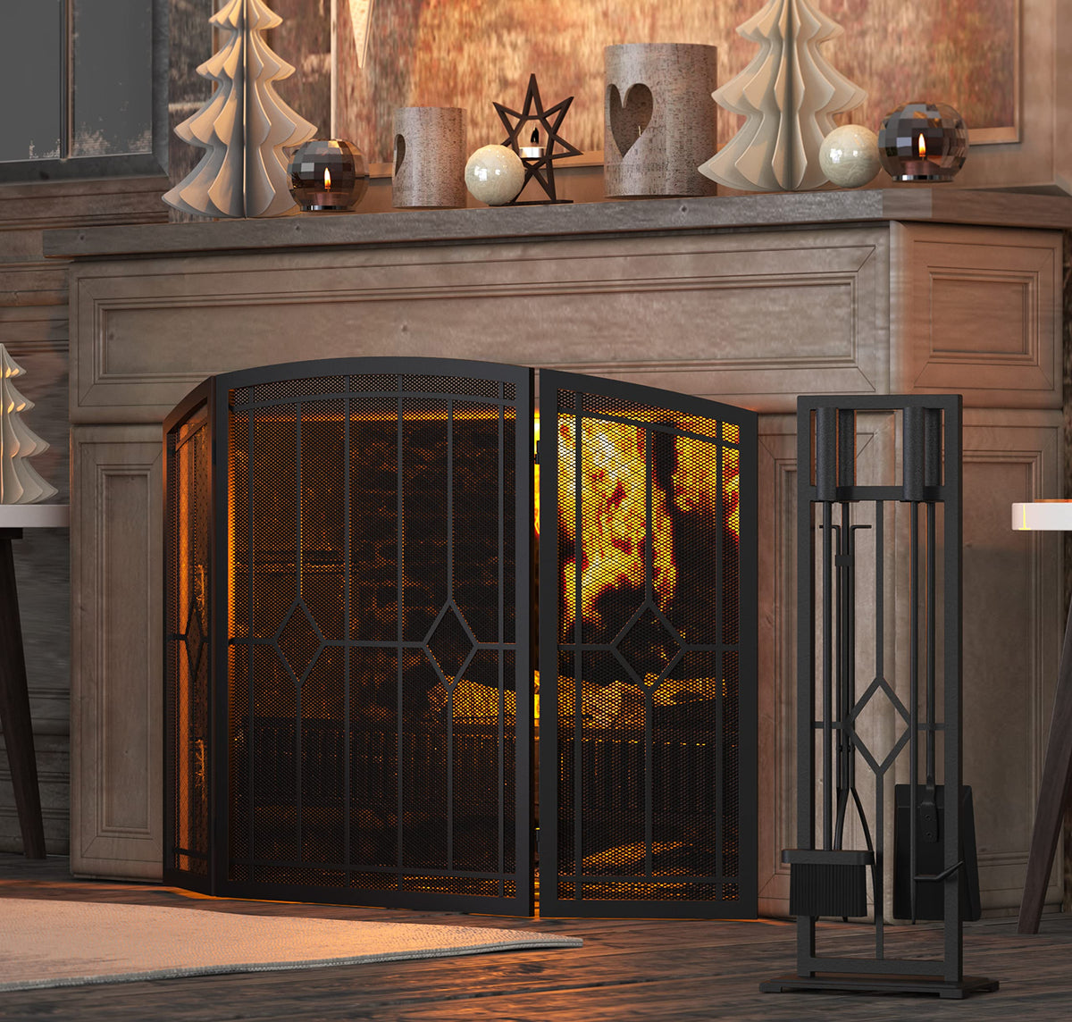 Wrought Iron Fireplace Screen 48"x30" Black Spark Guard T77194