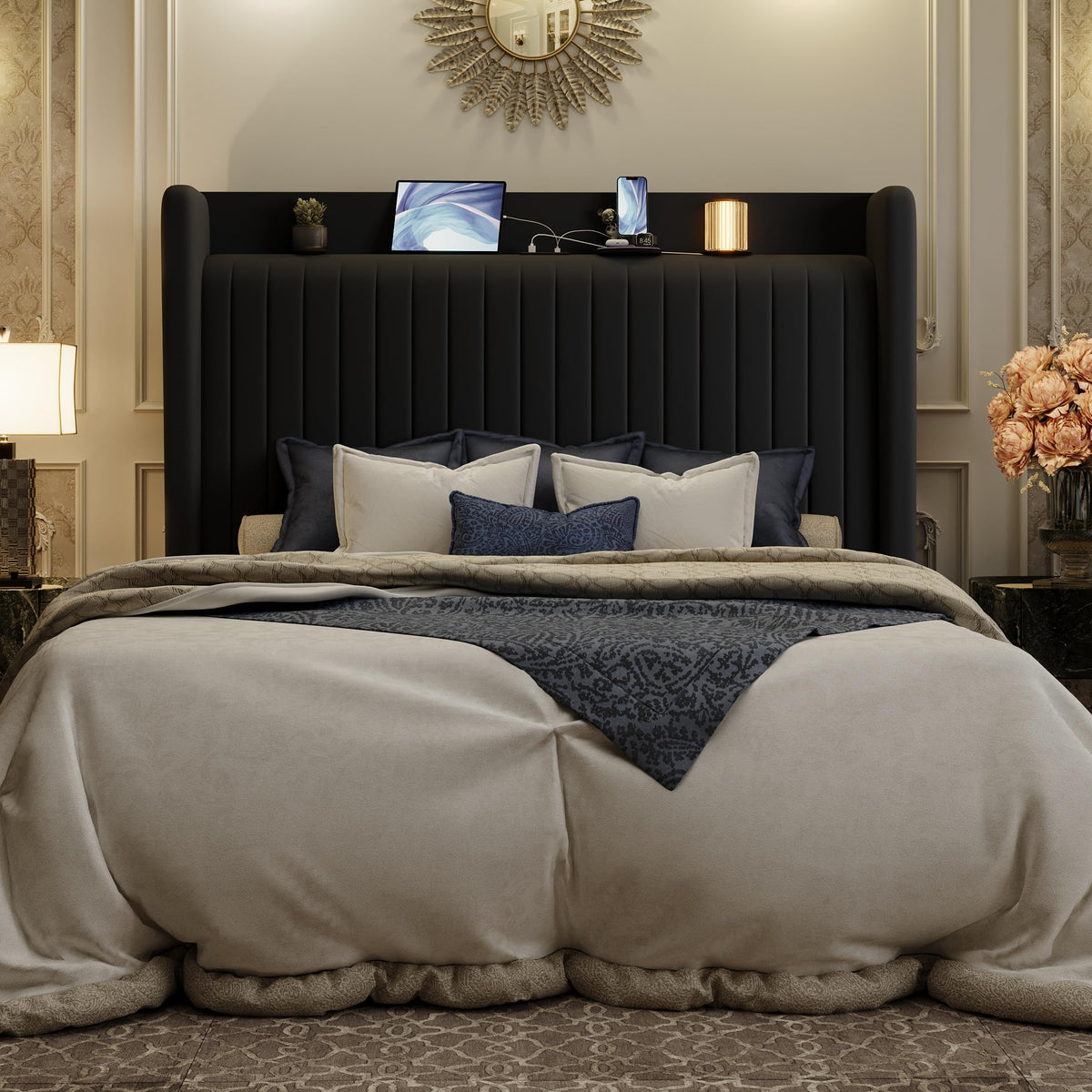Queen Size Black Velvet Bed Frame with Shelf M39919