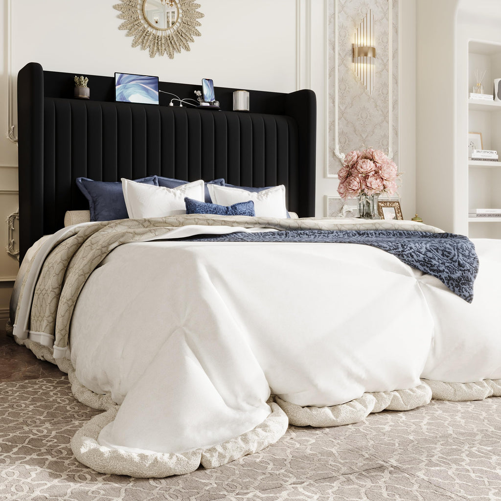 Queen Size Black Velvet Bed Frame with Shelf M39919